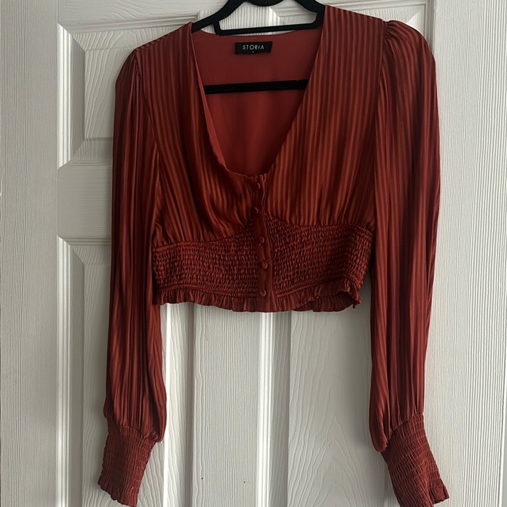 Storia Brown Pleated Crop Blouse